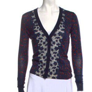 Tory Burch Sweater Floral Navy, Red &White, V Line Logo Buttons XS (Orig. $280)